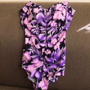 One Piece purple and pink floral swim suit.